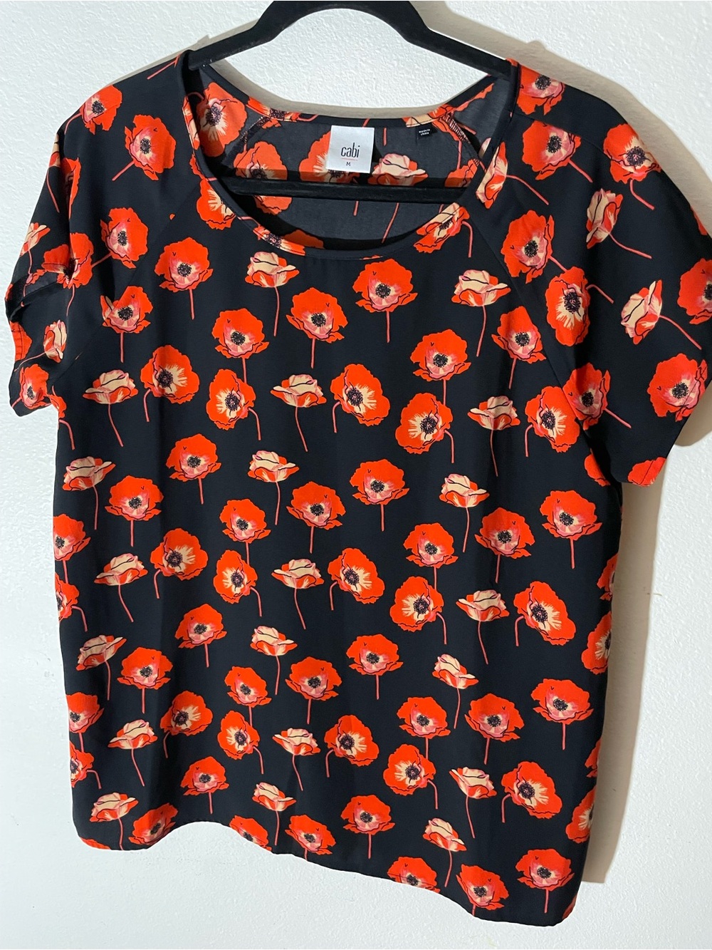 CAbi Black Short-Sleeve Tee with Bright Red Poppy Print